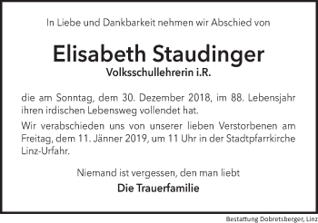 Traueranzeige von Elisabeth Staudinger von OÖNachrichten