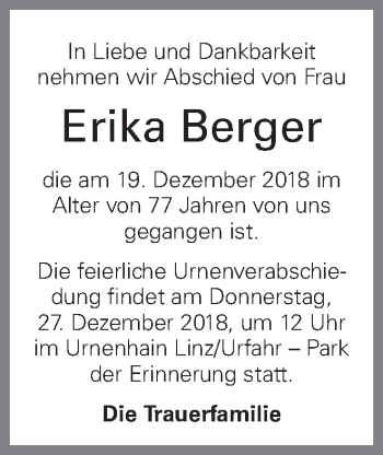Traueranzeige von Erika Berger von OÖNachrichten