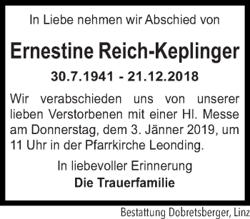 Traueranzeige von Ernestine Reich-Keplinger von OÖNachrichten