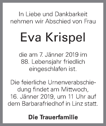 Traueranzeige von Eva Krispel von OÖNachrichten