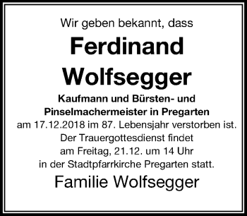 Traueranzeige von Ferdinand Wolfsegger von OÖNachrichten