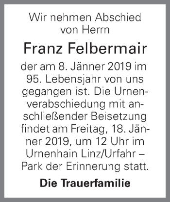 Traueranzeige von Franz Felbermair von OÖNachrichten