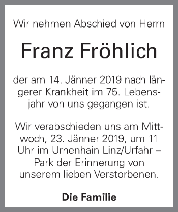 Traueranzeige von Franz Fröhlich von OÖNachrichten