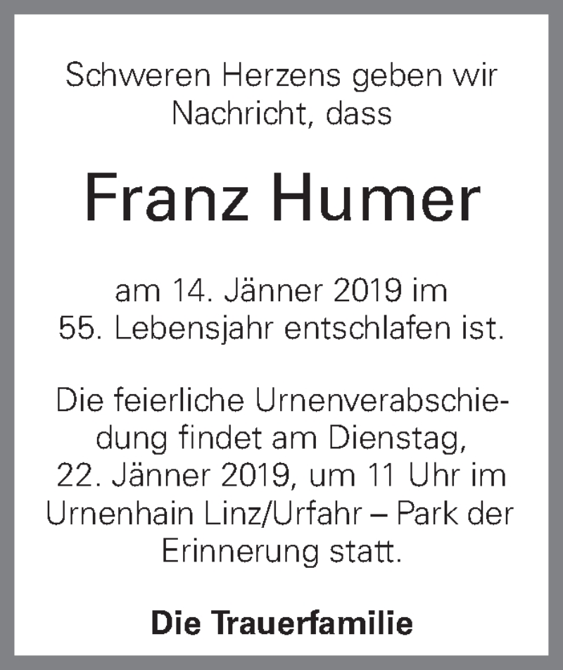  Traueranzeige für Franz Humer vom 18.01.2019 aus OÖNachrichten
