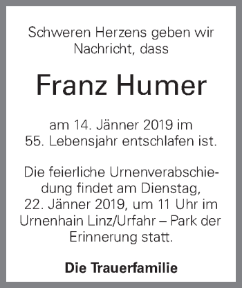 Traueranzeige von Franz Humer von OÖNachrichten