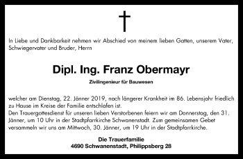 Traueranzeige von Franz Obermayr von OÖNachrichten