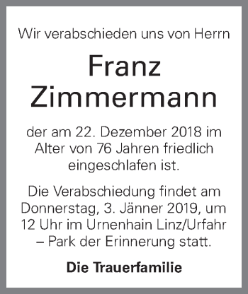 Traueranzeige von Franz Zimmermann von OÖNachrichten