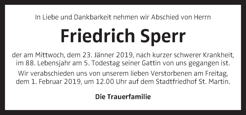 Traueranzeige für Friedrich Sperr vom 26.01.2019 aus OÖNachrichten