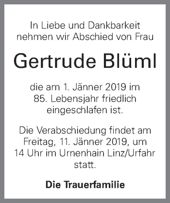 Traueranzeige von Gertrude Blüml von OÖNachrichten
