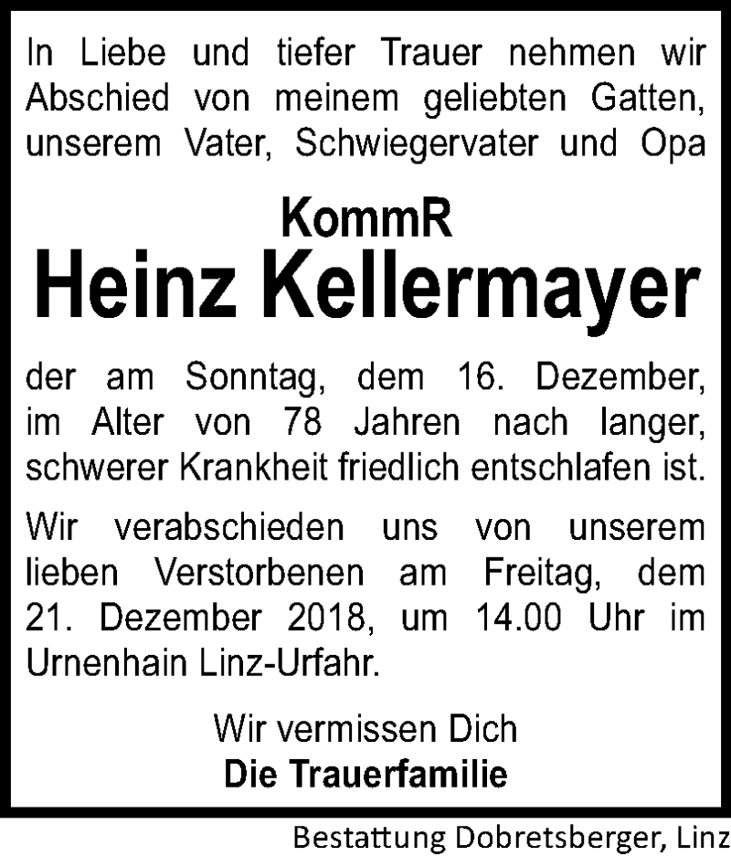  Traueranzeige für Heinz Kellermayer vom 19.12.2018 aus OÖNachrichten