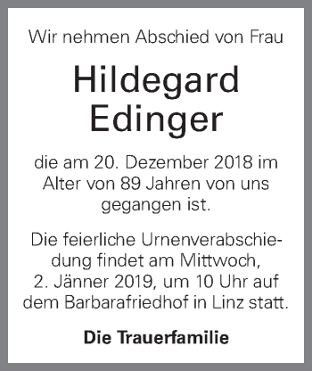 Traueranzeige von Hildegard Edinger von OÖNachrichten