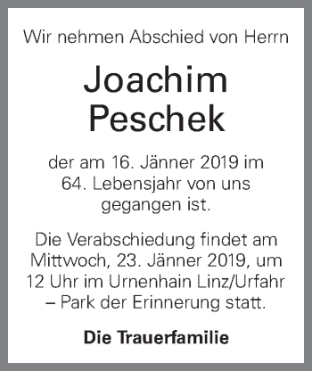 Traueranzeige von Joachim Peschek von OÖNachrichten