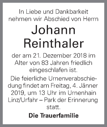 Traueranzeige von Johann Reinthaler von OÖNachrichten