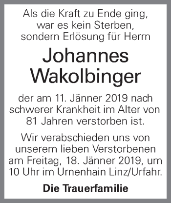 Traueranzeige von Johannes Wakolbinger von OÖNachrichten