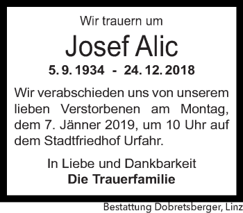Traueranzeige von Josef Alic von OÖNachrichten