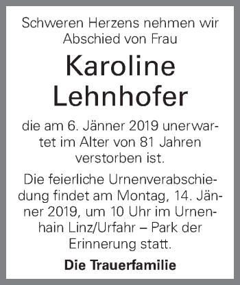 Traueranzeige von Karoline Lehnhofer von OÖNachrichten