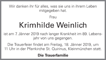 Traueranzeige von Krimhilde Weinlich von OÖNachrichten