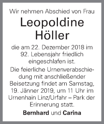 Traueranzeige von Leopoldine Höller von OÖNachrichten