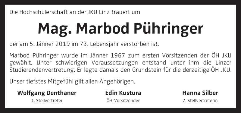  Traueranzeige für Marbod Pühringer vom 12.01.2019 aus OÖNachrichten