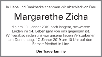 Traueranzeige von Margarethe Zicha von OÖNachrichten