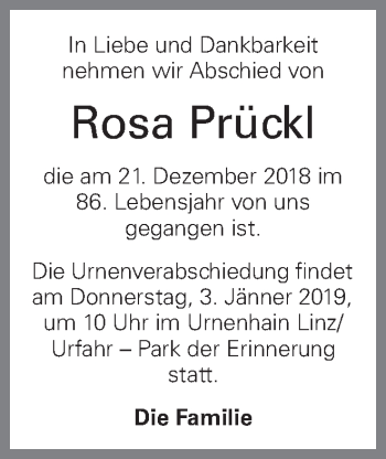 Traueranzeige von Rosa Prückl von OÖNachrichten