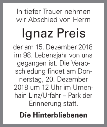 Traueranzeige von lgnaz Preis von OÖNachrichten