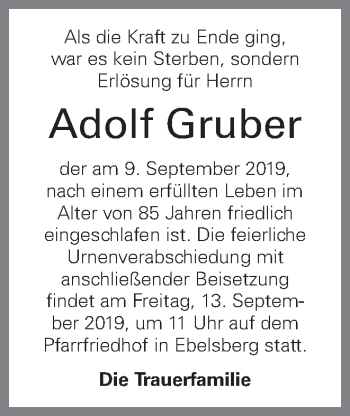 Traueranzeige von Adolf Gruber von OÖNachrichten