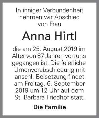 Traueranzeige von Anna Hirtl von OÖNachrichten