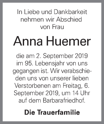 Traueranzeige von Anna Huemer von OÖNachrichten