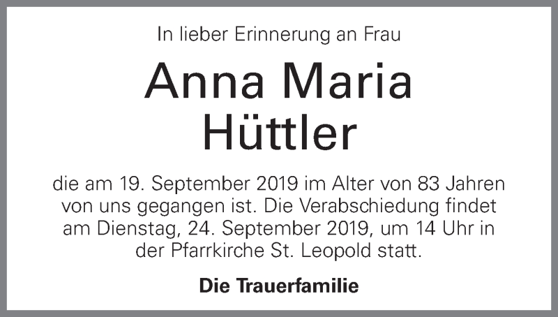  Traueranzeige für Anna Maria Hüttler vom 21.09.2019 aus OÖNachrichten