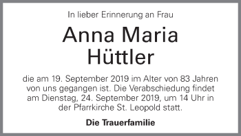 Traueranzeige von Anna Maria Hüttler von OÖNachrichten