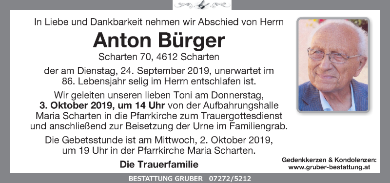 Traueranzeige für Anton Bürger vom 28.09.2019 aus OÖNachrichten