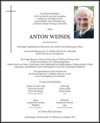 Traueranzeige von Anton Weindl von OÖNachrichten