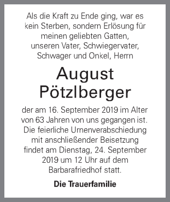 Traueranzeige von August Pötzlberger von OÖNachrichten