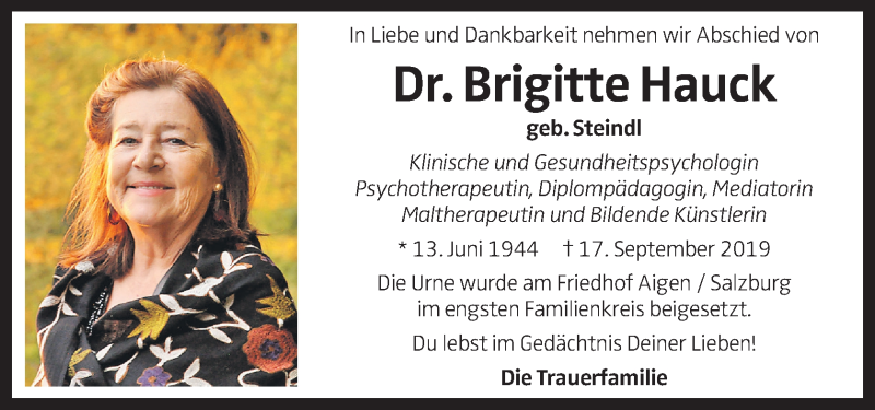  Traueranzeige für Brigitte Hauck vom 19.10.2019 aus OÖNachrichten