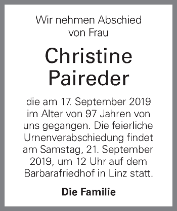 Traueranzeige von Christine Paireder von OÖNachrichten