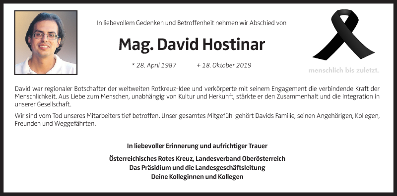  Traueranzeige für David Hostinar vom 30.10.2019 aus OÖNachrichten