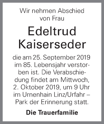 Traueranzeige von Edeltrud Kaiserseder von OÖNachrichten