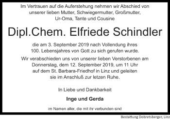 Traueranzeige von Elfriede Schindler von OÖNachrichten