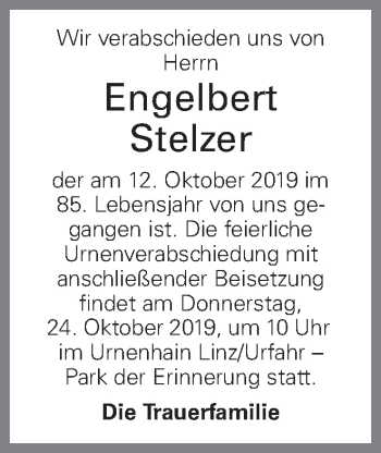 Traueranzeige von Engelbert Stelzer von OÖNachrichten