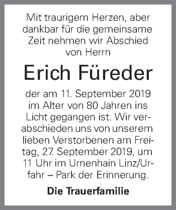 Traueranzeige von Erich Füreder von OÖNachrichten