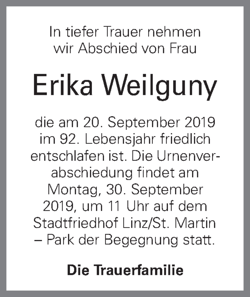  Traueranzeige für Erika Weilguny vom 27.09.2019 aus OÖNachrichten
