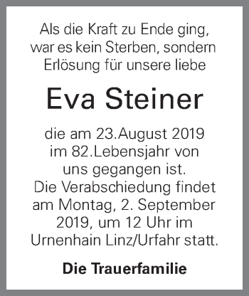 Traueranzeige von Eva Steiner von OÖNachrichten