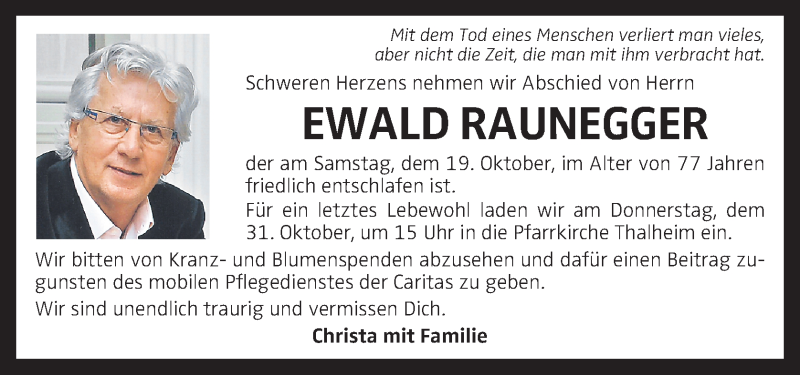  Traueranzeige für Ewald Raunegger vom 25.10.2019 aus OÖNachrichten