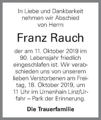 Traueranzeige von Franz Rauch von OÖNachrichten