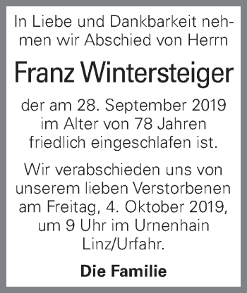 Traueranzeige von Franz Wintersteiger von OÖNachrichten