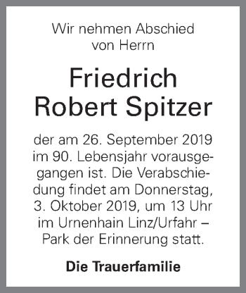 Traueranzeige von Friedrich Robert Spitzer von OÖNachrichten