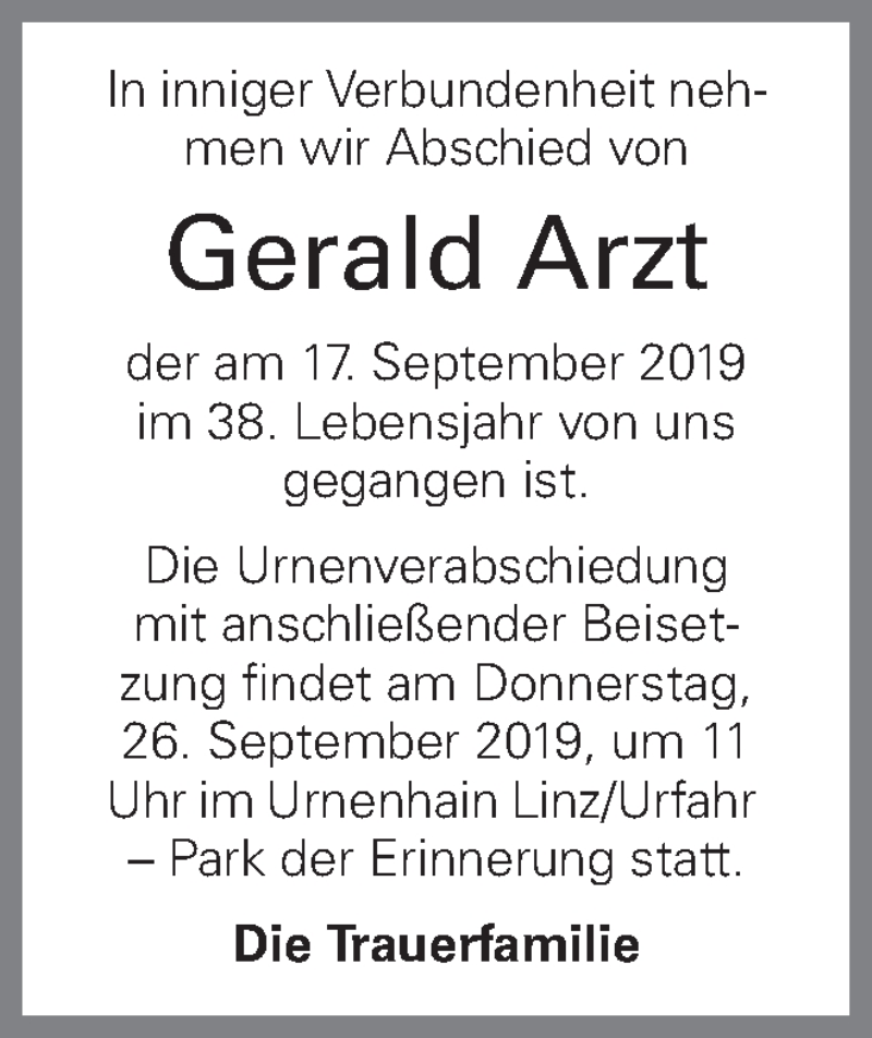  Traueranzeige für Gerald Arzt vom 21.09.2019 aus OÖNachrichten
