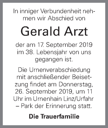 Traueranzeige von Gerald Arzt von OÖNachrichten