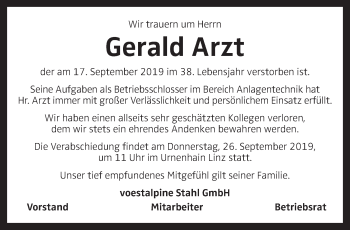 Traueranzeige von Gerald Arzt von OÖNachrichten